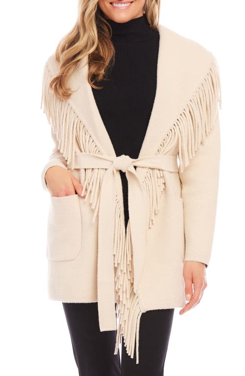 Shop Karen Kane Fringe Trim Belted Sweater Coat In Beige