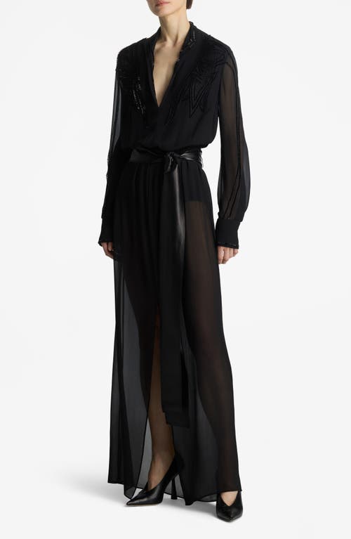 Shop St John St. John Collection Tonal Beaded Long Sleeve Silk Georgette Gown In Black