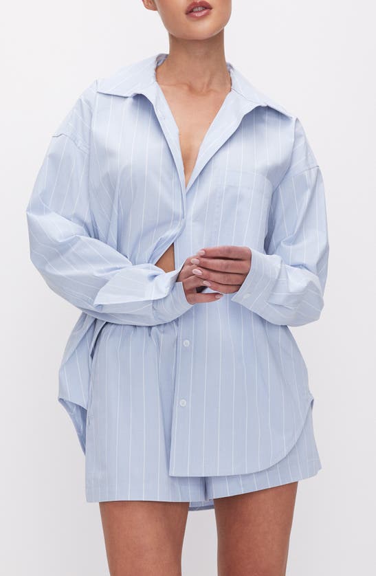 Shop Good American Oversize Stripe Stretch Cotton Poplin Button-up Shirt In Glass Stripe002