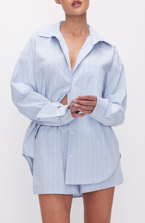 Oversize Stripe Stretch Cotton Poplin Button-Up Shirt in Glass Stripe002