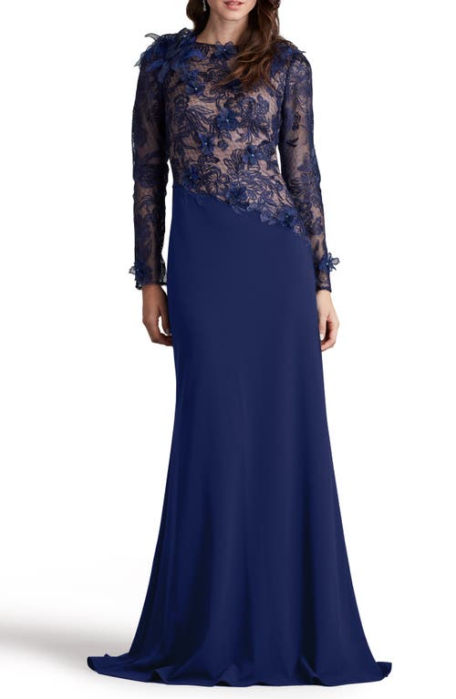 Shop Tadashi Shoji Floral Embroidery Long Sleeve Lace Gown In Notte/nude