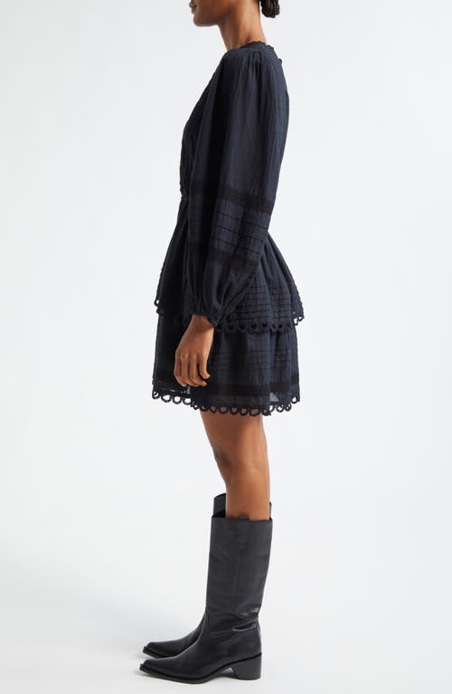 Shop Farm Rio Pintuck & Lace Detail Long Sleeve Cotton Minidress In Black