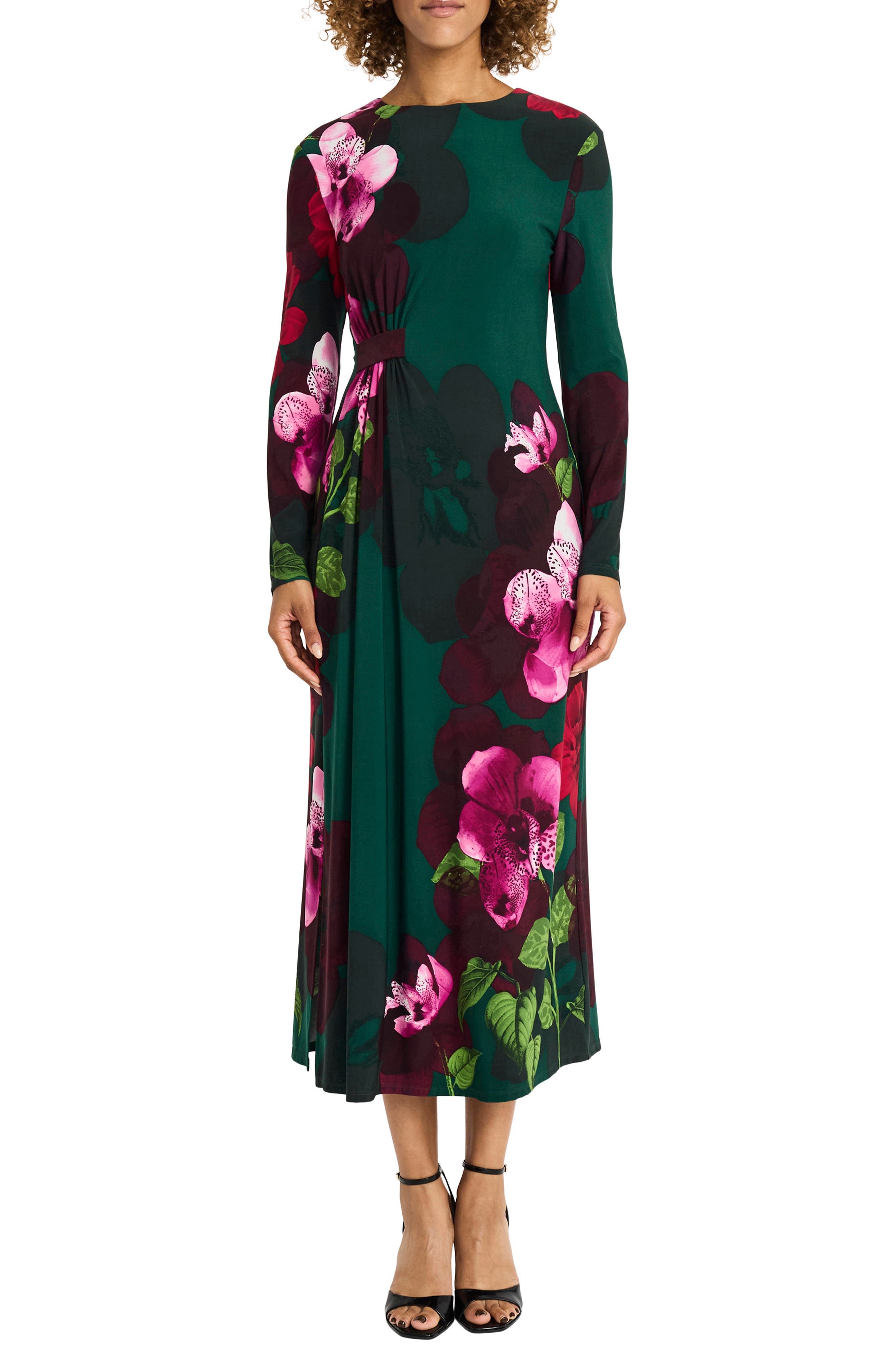 Maggy London Floral Print Long Sleeve Maxi Dress in Green/Light Scarlet 