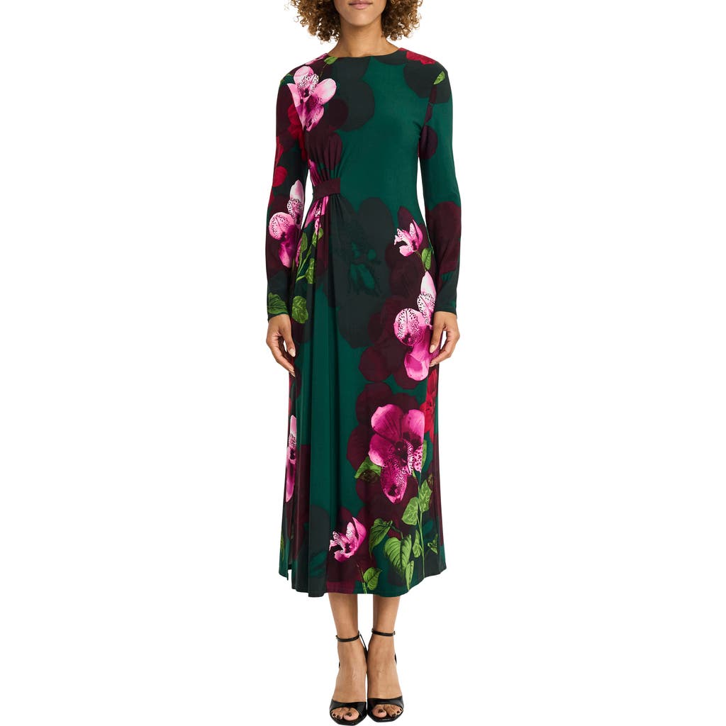 Maggy London Floral Print Long Sleeve Maxi Dress in Green/Light Scarlet