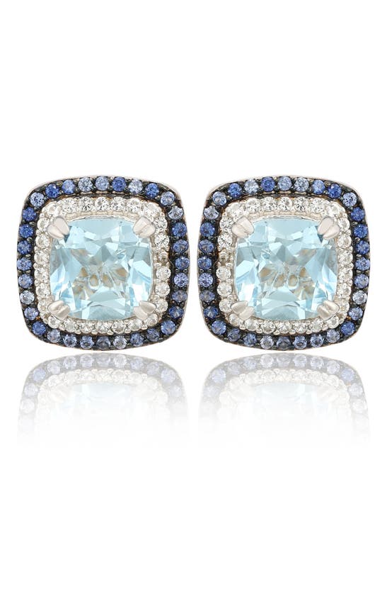 Suzy Levian Cushion Semiprecious Stone Double Halo Stud Earrings In Blue