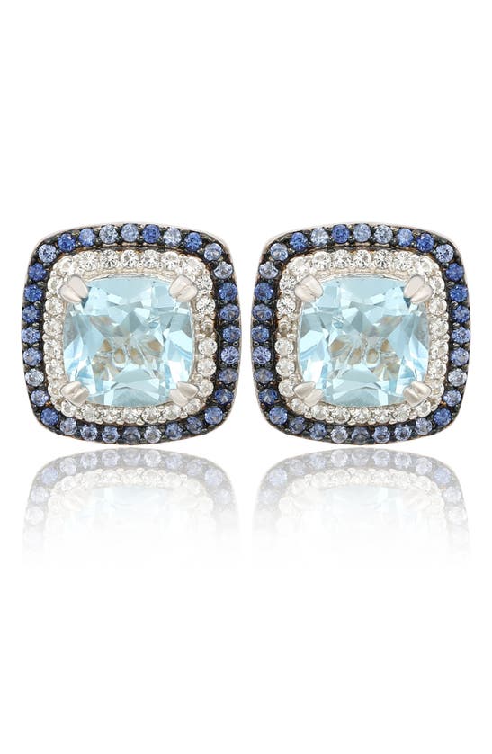 Suzy Levian Cushion Semiprecious Stone Double Halo Stud Earrings In Blue