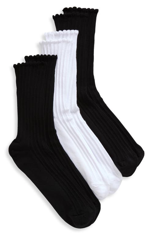 Shop Hue 3-pack Scalloped Pointelle Crew Socks In Black/white