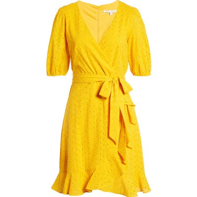 Julia Jordan Balloon Sleeve Cotton Eyelet Faux Wrap Dress, Yellow