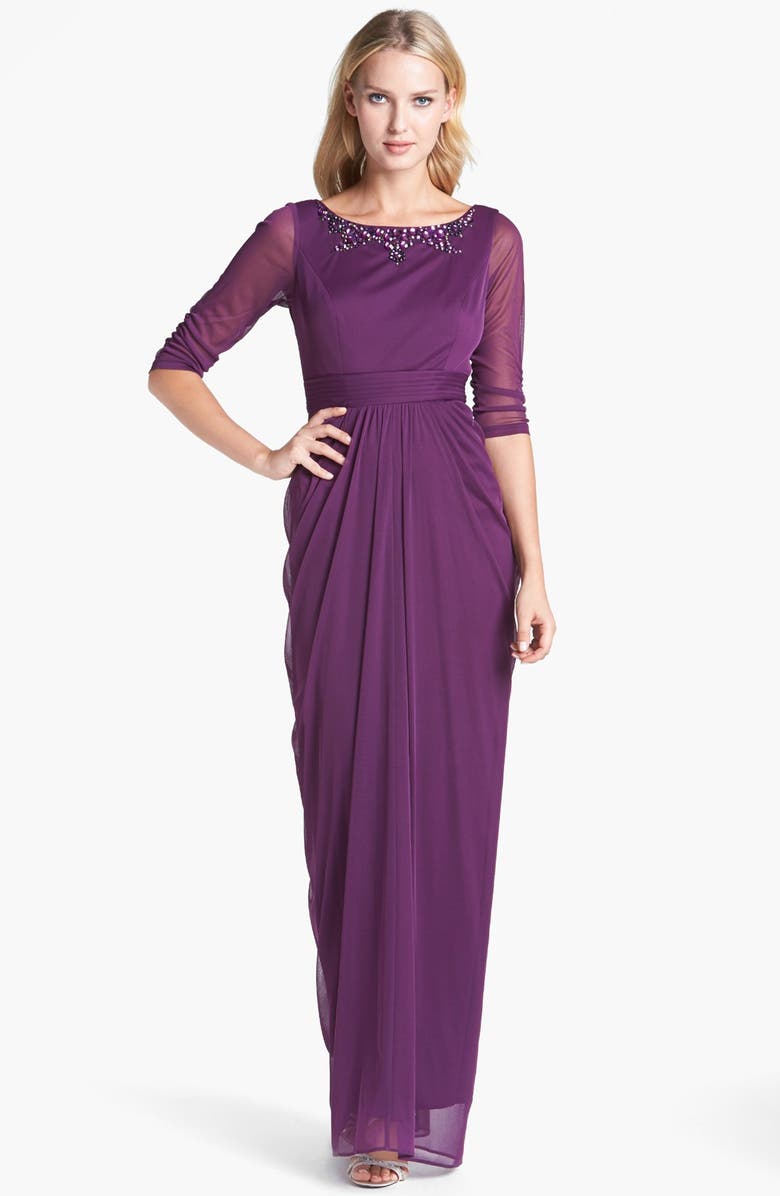 Adrianna Papell Embellished Draped Mesh Gown | Nordstrom