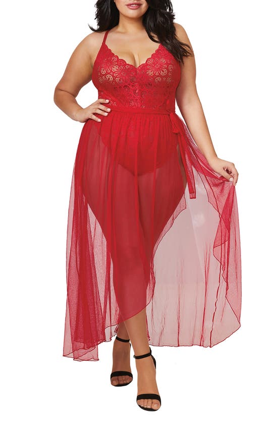 Dreamgirl Lace Teddy & High Waist Skirt In Rouge