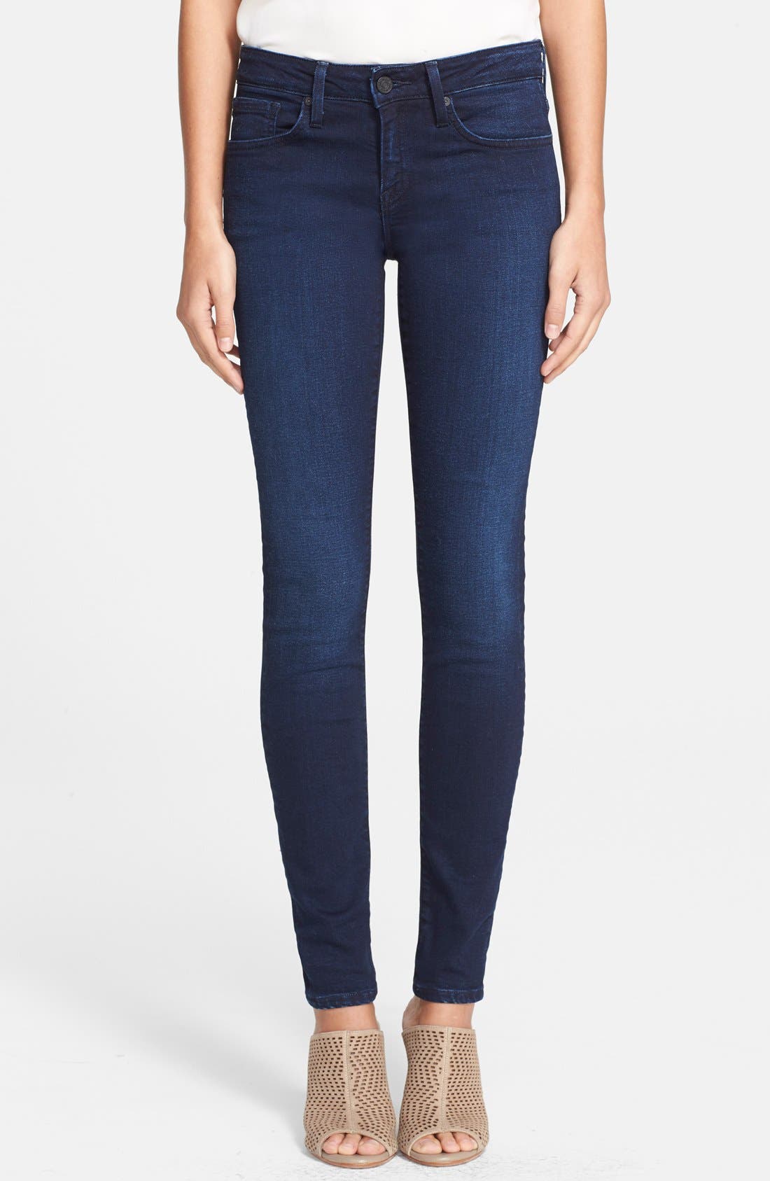 blue mid rise skinny jeans