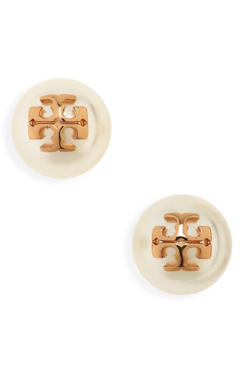 Shop Tory Burch Kira Logo Swarovski Crystal Imitation Pearl Stud Earrings In Ivory/tory Gold