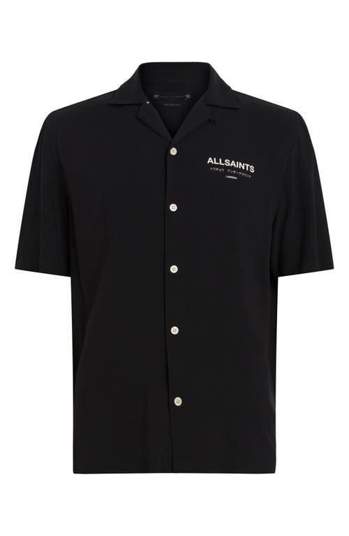 Shop Allsaints Underground Logo Short Sleeve Camp Shirt In Jet Black/ecru