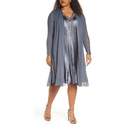 Plus Size Komarov Charmeuse & Chiffon Dress & Long Jacket, Grey