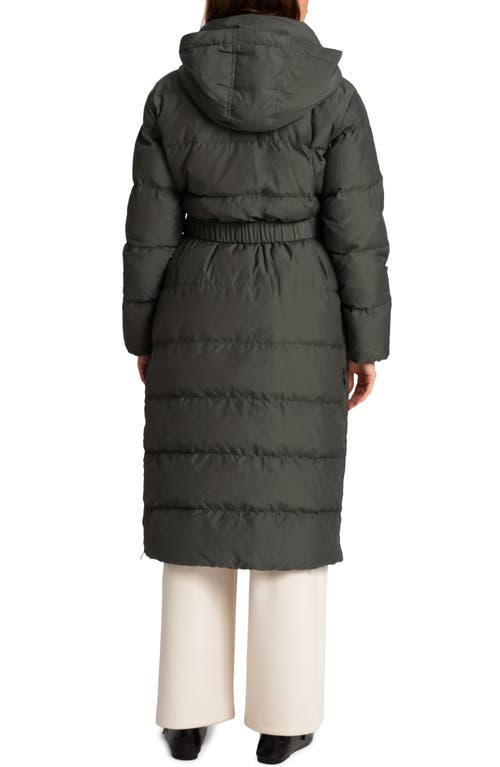 Shop Seraphine Belted Maternity Puffer Jacket With Removable Faux Fur Trim Hood In Khaki Grey