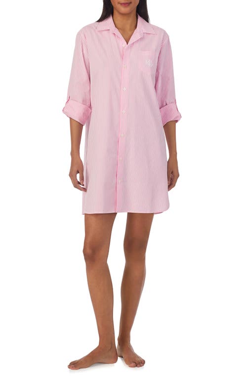 Ralph Lauren Plus Size Long-sleeve Roll-tab His Shirt Sleepshirt In Pink Stripe