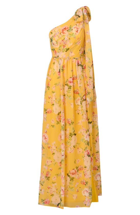 Shop Adrianna Papell Floral One-shoulder Chiffon Gown In Yellow Multi