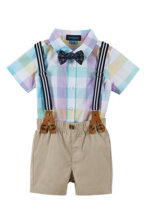 Check Button-Up Shirt, Bow Tie, Suspenders & Shorts Set (Baby)