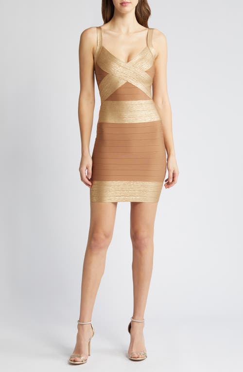 Bebe Shimmer Colorblock Body-con Cocktail Minidress In Golden/nude