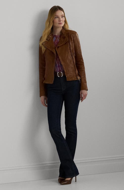 Shop Ralph Lauren Lauren  Leather Moto Jacket In Dark Walnut