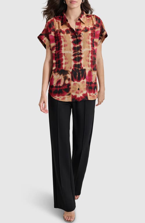 Shop Dkny Metallic Crinkle Short Sleeve Chiffon Button-up Shirt In Rippled Inkblot