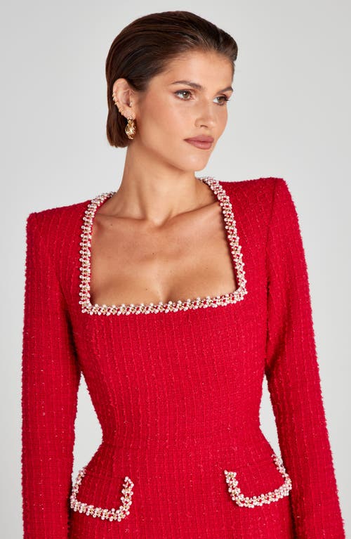 Shop Nadine Merabi Natalie Bead Detail Long Sleeve Tweed Cocktail Minidress In Red