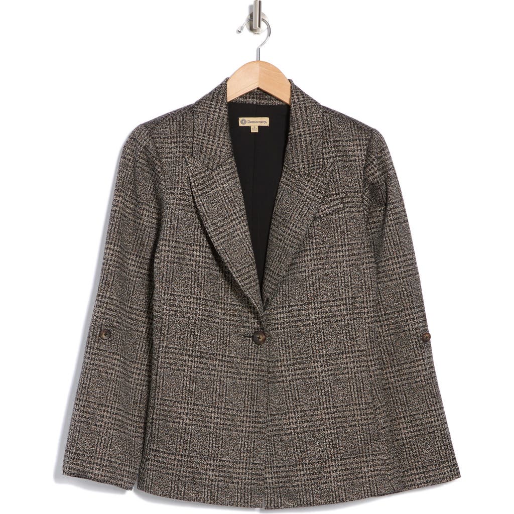 Shop Democracy Roll Tab Sleeve Knit Blazer In Black Khaki Multi