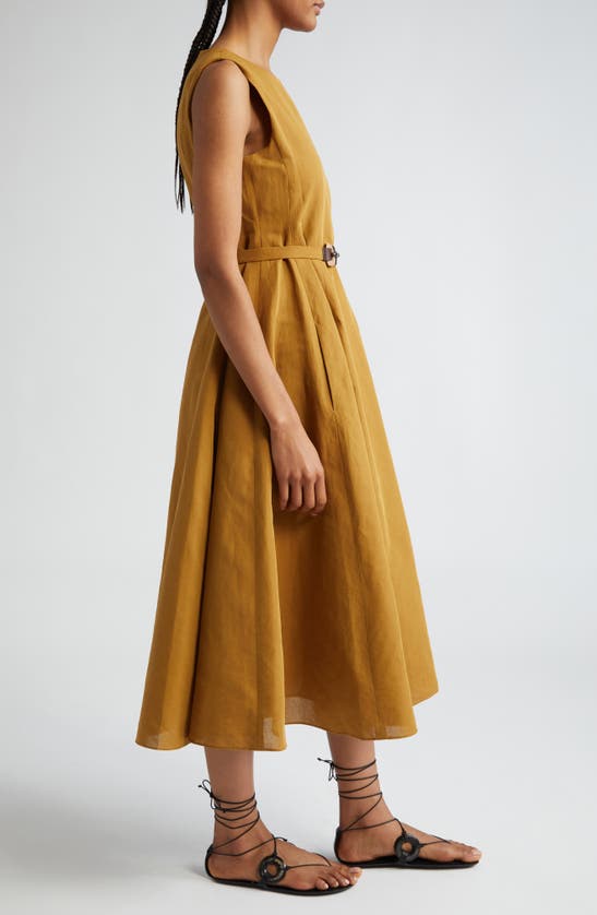 Shop Max Mara Amelie Sleeveless Cotton & Linen Belted Dress In Mustard