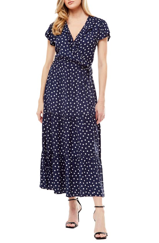 Love By Design Marylin Ruffle Crepe Maxi Dress In Aspirin Dot Navy