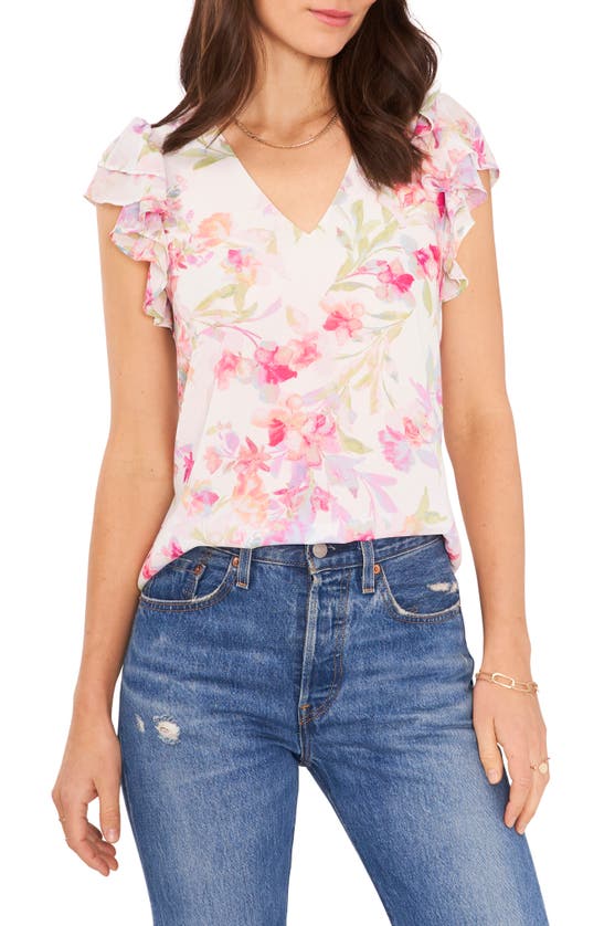 1.state Flutter Sleeve Chiffon V-neck Top In White/ Floral Print
