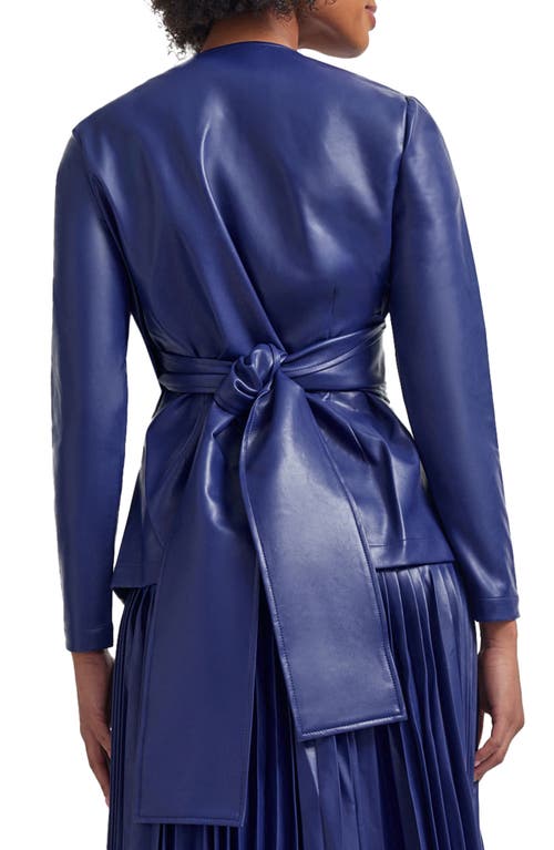 Misook Tailored Fit Vegan Leather Tie Back Jacket In Starry Night Blue