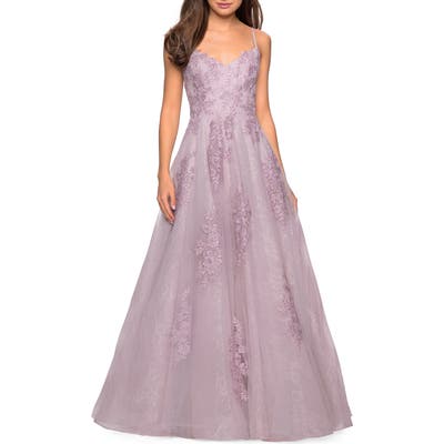La Femme Lace A-Line Evening Dress, Pink