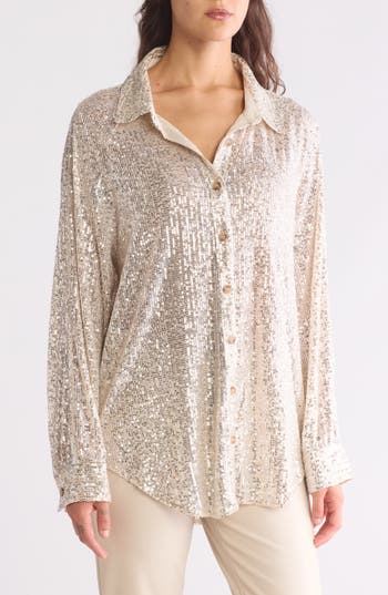 Wishlist Sequin Button-up Blouse In Champagne