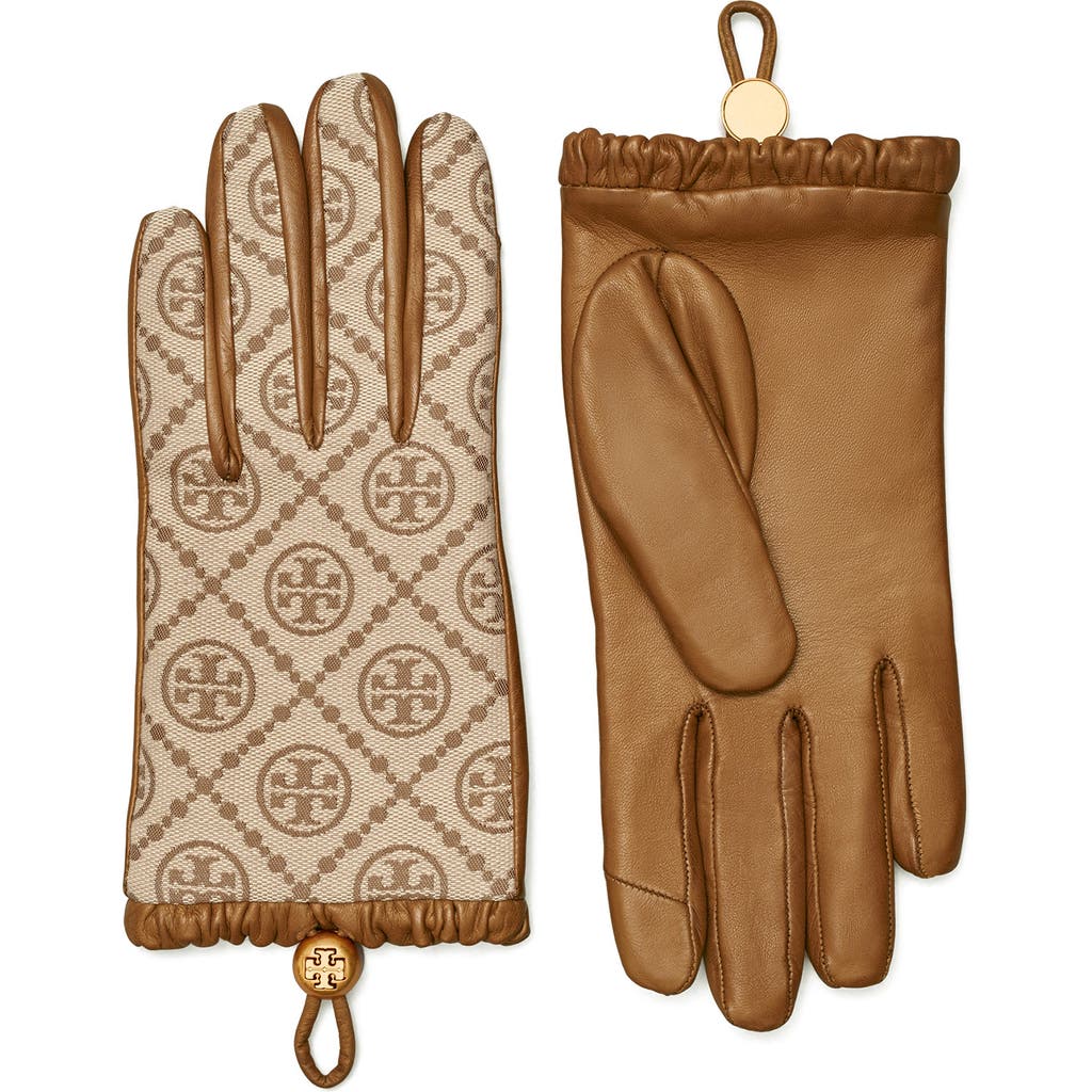 Tory Burch T Monogram Jacquard & Leather Gloves In Hazel/bistro Brown