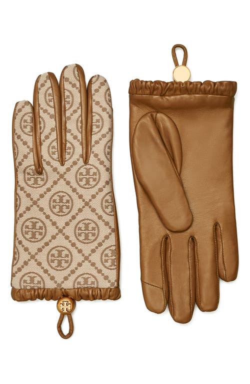 T Monogram Jacquard & Leather Gloves in Hazel /Bistro Brown