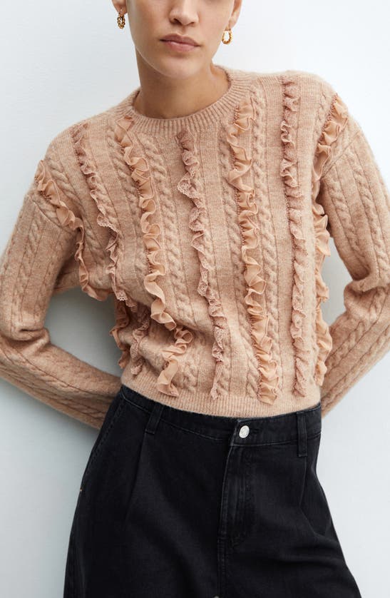 Mango Ruffle Crop Cable Sweater In Pink