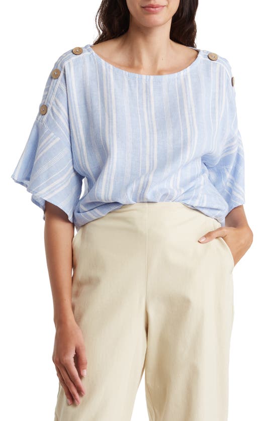 Ellen Tracy Round Neck Button Detail Linen Blend Top In Sky Blue Stripe