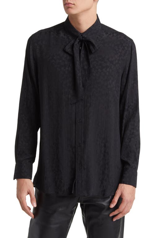 11 Tie Neck Button-Up Shirt in Black Jaquard