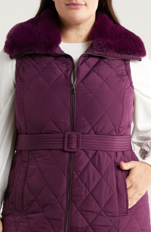 Shop Anne Klein Belted Quilted Faux Fur Collar Vest In Deep Plum