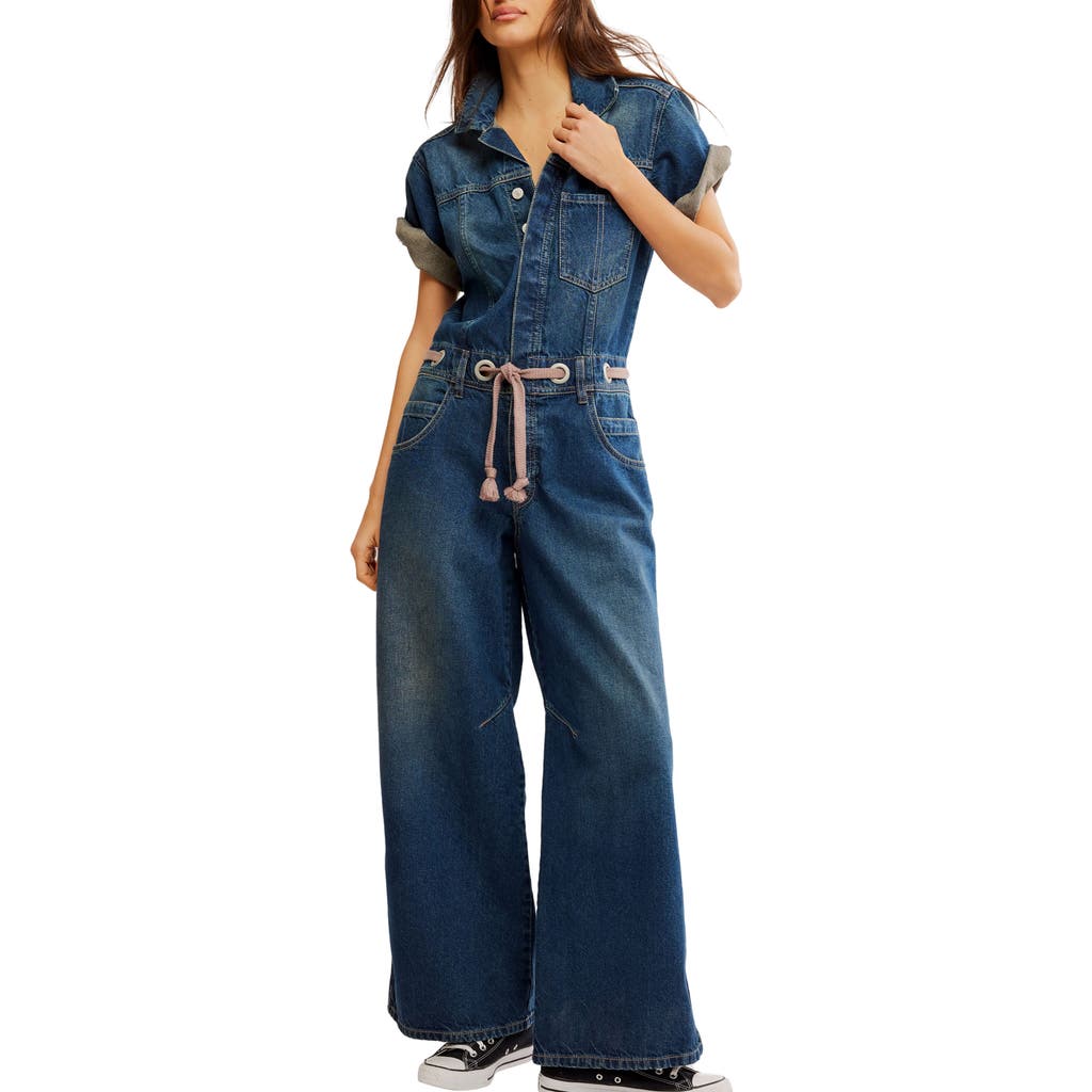 Free People Edison Wideleg Coveralls Cerulean Skies In Cerulean Skies