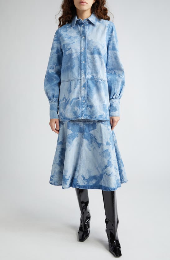 Shop Ganni Bleached Denim Midi Skirt In Light Blue Stone