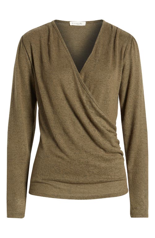 Loveappella Long Sleeve Faux Wrap Top In Olive