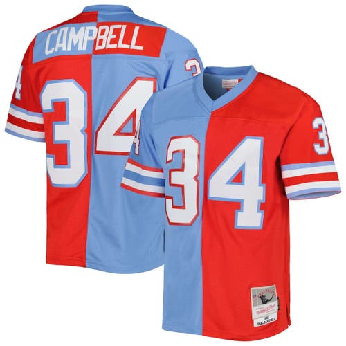 Men's Mitchell & Ness Earl Campbell Red/Light Blue Houston Oilers Gridiron Classics 1980 Split Legacy Replica Jersey