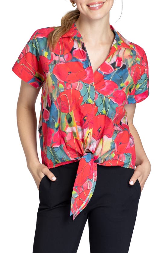 Shop Apny Floral Tie Front Cotton Camp Shirt In Red Multi