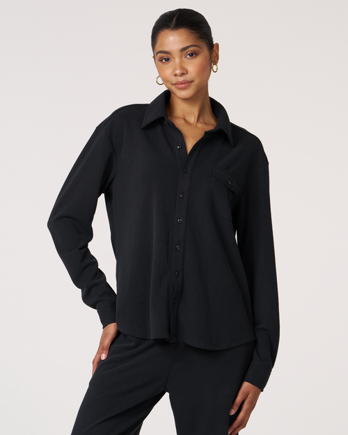 Shop Rebody Active Retreat Waffle Button Down Shirt In Black