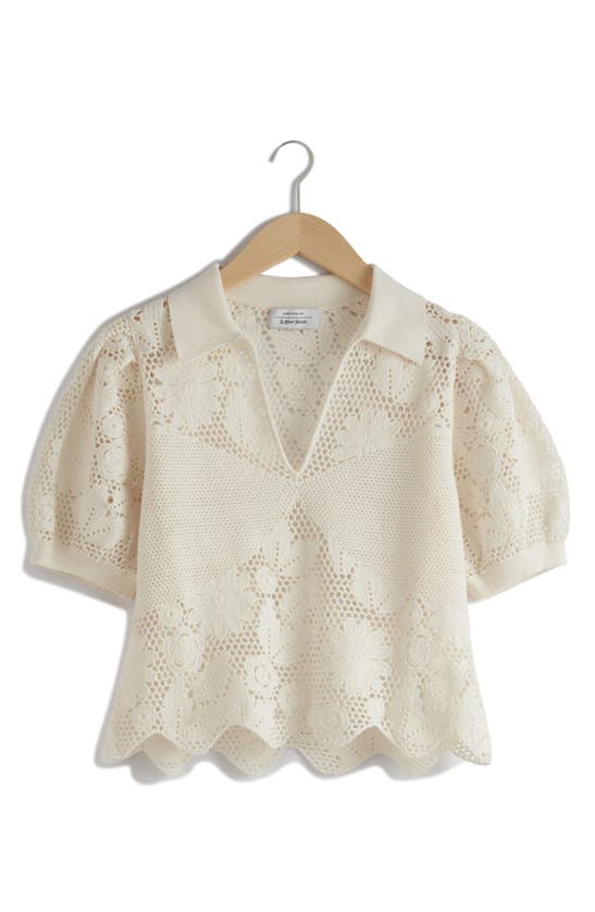 & Other Stories Lace Puff Sleeve Sweater In White Dusty Light