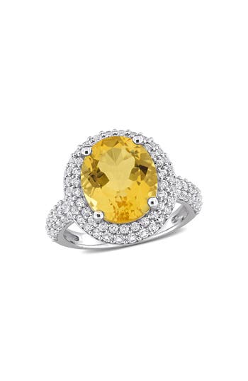 Delmar Oval Cut Semiprecious Stone & Cz Halo Cocktail Ring In Yellow