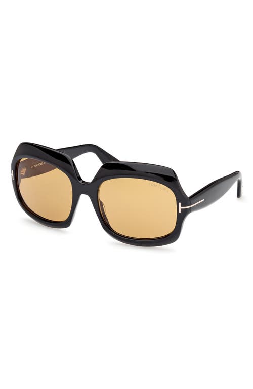 Shop Tom Ford Ren 60mm Geometric Sunglasses In Shiny Black/amber