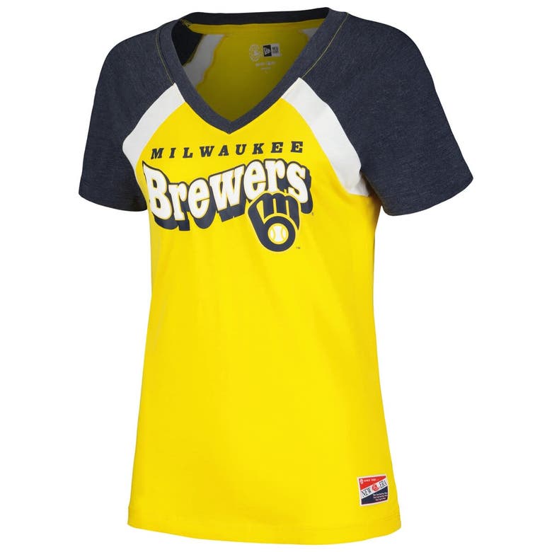 Shop New Era Gold Milwaukee Brewers Heathered Raglan V-neck T-shirt