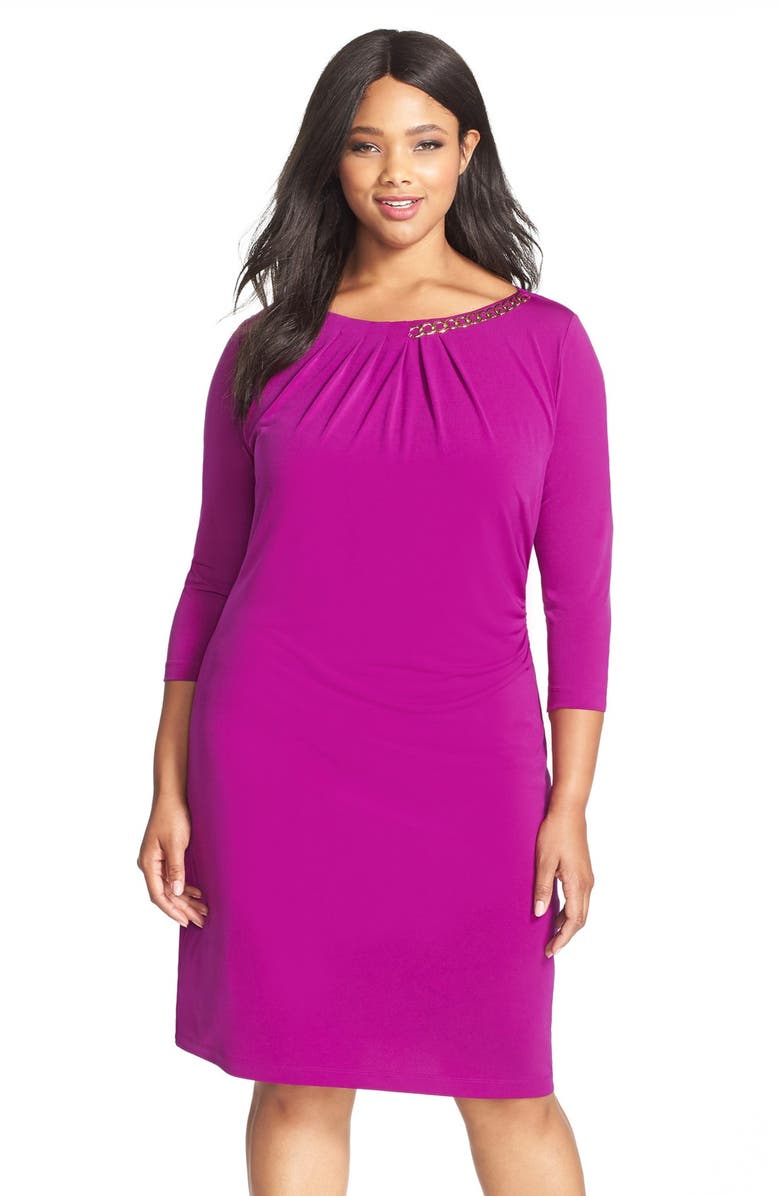 Tahari Chain Detail Side Drape Jersey Sheath Dress (Plus Size) | Nordstrom